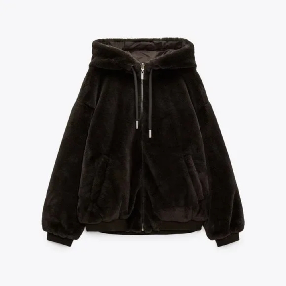 Zara Black Teddy Jacket with Plush Hood